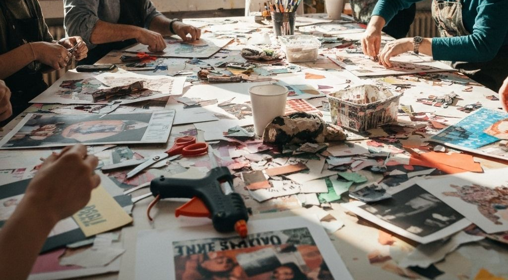 Art therapy workshop with colorful collage papers at Wild Goat Creative Studio in Antwerp